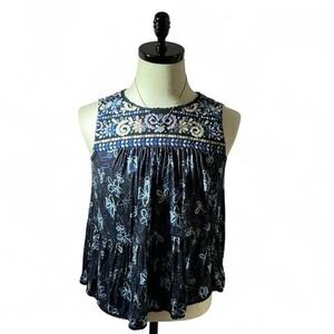 One September Embroidered Tank Top Sleeveless Tiered Blue Floral Anthropologie
